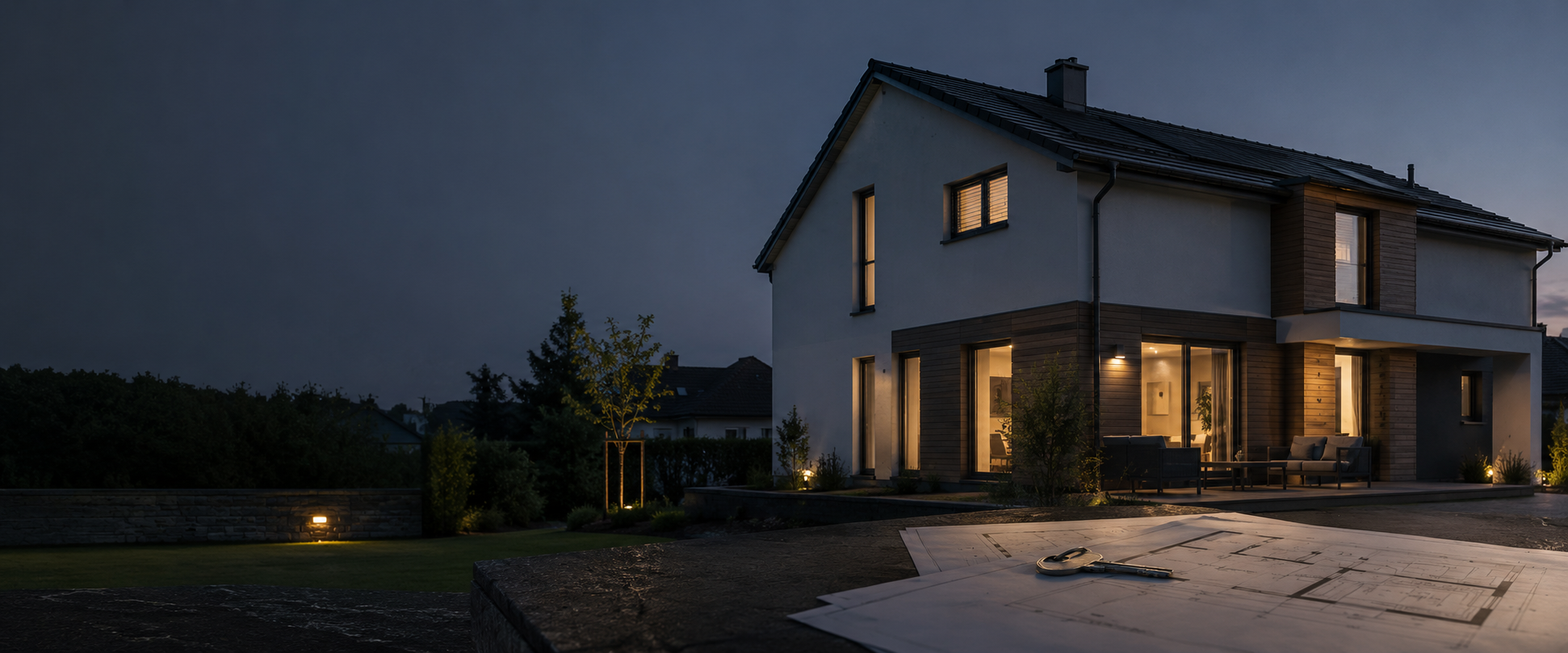 Modernes Wohnhaus in der Abenddämmerung mit Bauplänen und Hausschlüssel